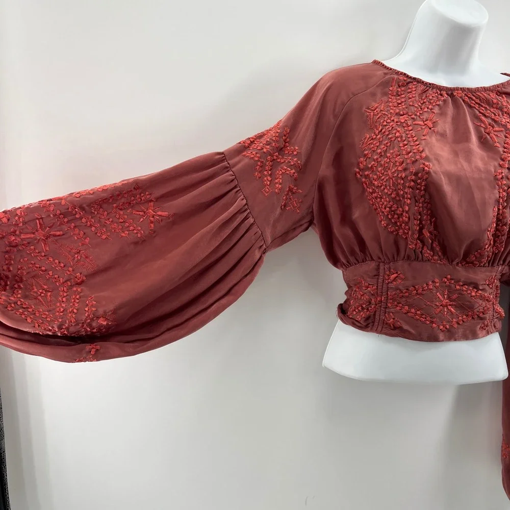 Free People Embroidered Top Womens Sz S Boho Satin Balloon Sleeve Festival